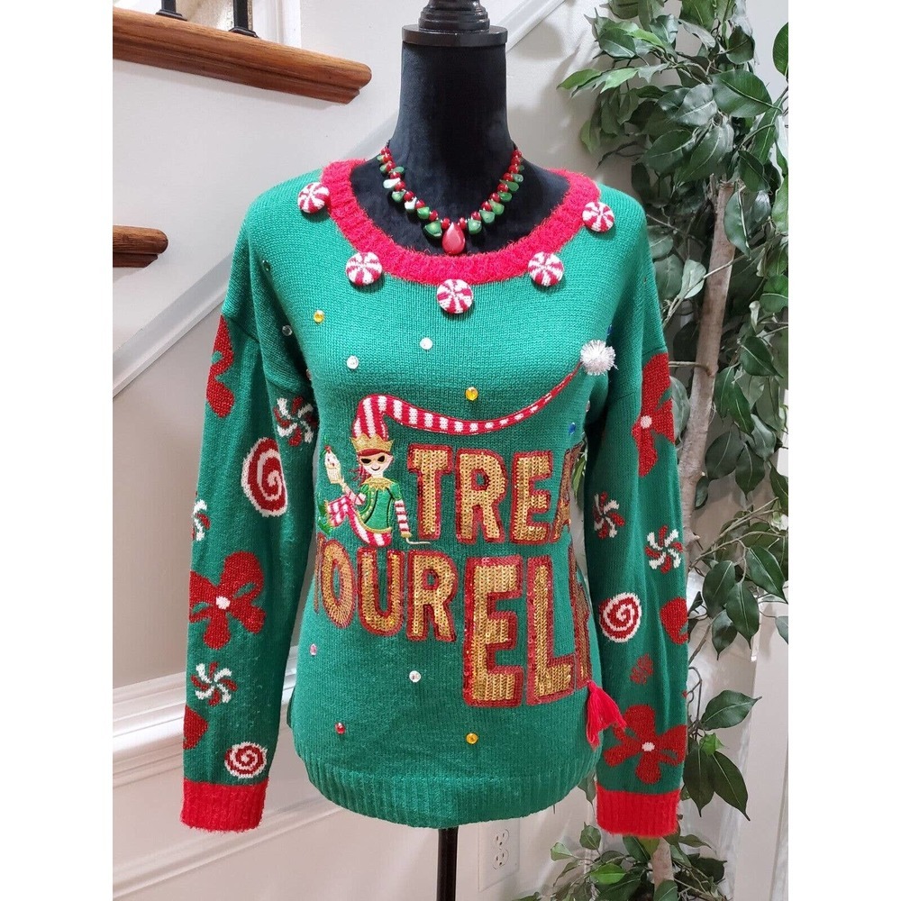 Holiday Times Christmas Green Acrylic Round Neck Long Sleeve Knit Sweater Size M